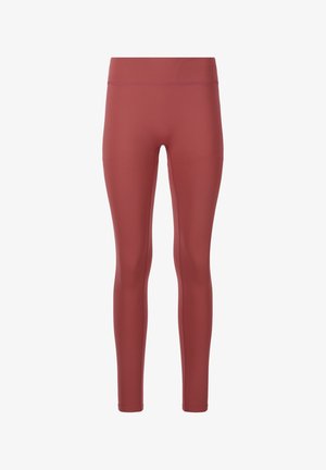 High-waisted leggings in a burgundy color, made from stretchy, smooth material. Features a sleek, form-fitting design without patterns or embellishments.