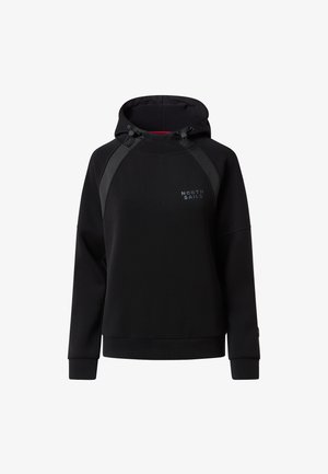 Schwarzer Kapuzenpullover aus weichem Stoff. Mit Raglanärmeln, Kordelzügen und einem kleinen Logo auf der Vorderseite. Klassische Passform.