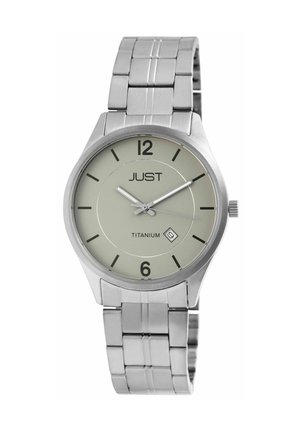 Titanium watch with a silver bracelet, round face, light green dial, black hour markers, and date window at 6 o'clock, minimalistic design.