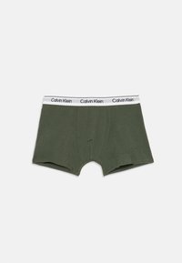 Oliven grønne herreboxer med en hvit midjebånd med gjentatte svarte Calvin Klein-logoer.