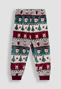 Flanelové pyžamo s vánočním vzorem, který zobrazuje tváře Santa Clause, soby, stromy a hvězdy v odstínech tyrkysové, vínové a krémové.