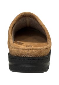 Bruine suède pantoffel met een ronde, gewatteerde hak en zachte binnenvoering. Voorzien van een zwarte rubberen zool met een gestructureerde grip.