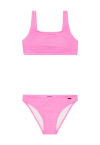 Różowy zestaw bikini z teksturowanym topem na kwadratowym dekolcie oraz dopasowanymi dolnymi częściami w niskim stanie z białym wykończeniem. Materiał ma gładką fakturę.