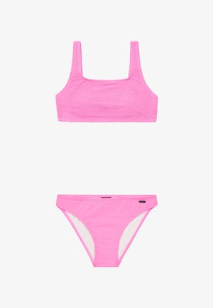 Roza bikini set koji se sastoji od teksturiranog kratkog topa s četvrtastim izrezom i odgovarajućih donjih dijelova niskog struka s bijelim oblogama. Tkanina ima glatku završnu obradu.