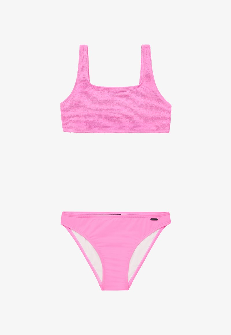 Ružový bikiny set so štruktúrovaným crop topom s štvorcovým výstrihom a zodpovedajúcimi nízko vyrezanými spodkami s bielou podšívkou. Tkanina má hladký povrch.