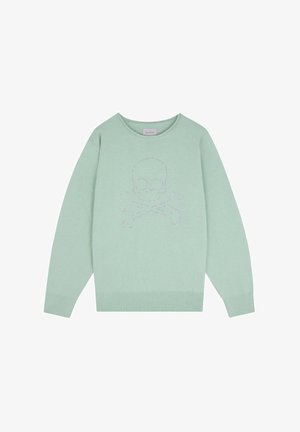 Pulover de culoare verde mentă, cu un design cu craniu și oase încrucișate realizat din cristale la mijloc. Tricot ușor, cu manșete și tiv cu fir de cârmă.