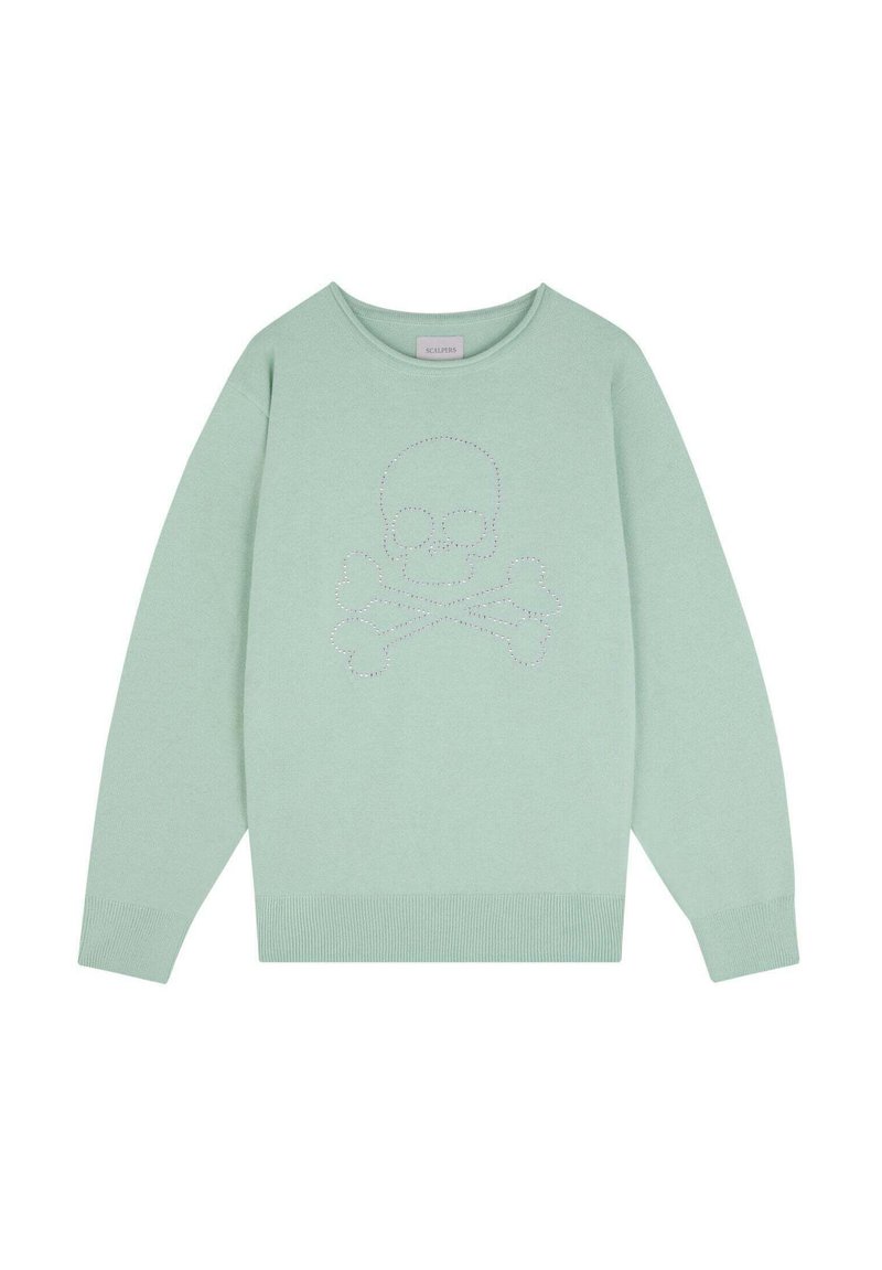 Mintgrüner Pullover mit einem Design aus Totenkopf und gekreuzten Knochen, das in der Mitte aus Strasssteinen besteht. Leichtes Strickmaterial mit gerippten Bündchen und Saum.