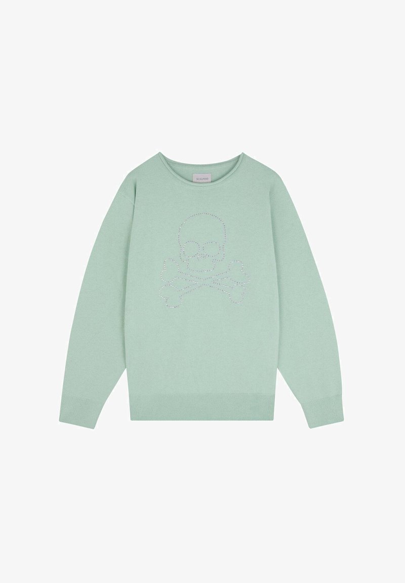 Mint green sweater featuring a skull and crossbones design made of rhinestones at the center. Lightweight knit with ribbed cuffs and hem.