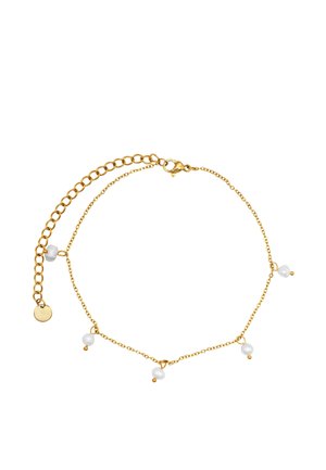 Zarter Goldkettchen-Armband mit kleinen weißen Perlenanhängern, gleichmäßig verteilt, und verstellbarem Verschluss mit zusätzlichen Kettengliedern.