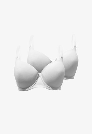 Due reggiseni imbottiti bianchi con spalline regolabili disposti fianco a fianco su uno sfondo bianco.