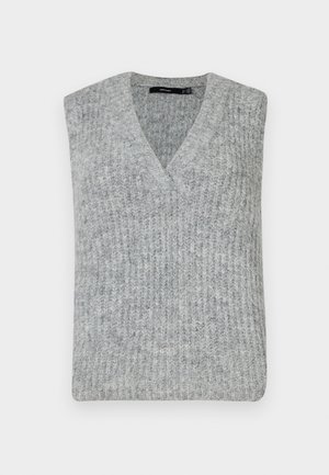 Grå strikket vest med V-hals og ermeløs design. Har ribbestruktur og en rett kant.
