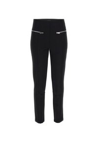 Black pants with a fitted design, featuring two front zippers and smooth fabric. Mid-rise waist and straight leg cut with minimal stitching.