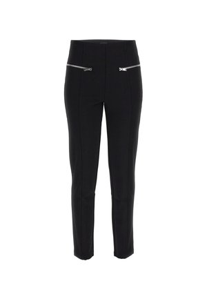Black pants with a fitted design, featuring two front zippers and smooth fabric. Mid-rise waist and straight leg cut with minimal stitching.