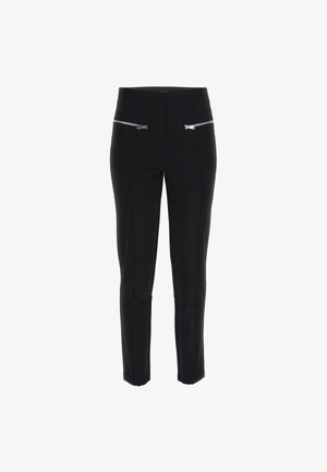 Pantalons noirs au design ajusté, dotés de deux zips à l'avant et d'un tissu lisse. Taille mi-haute et coupe droite avec une couture minimale.