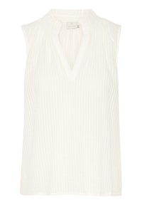 Blouse sans manches blanche avec un motif texturé à rayures, un décolleté en V et un col froncé avec volants. Tissu doux et léger.