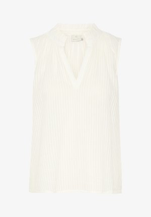 Valge ilma varrukateta pluus tekstuuriga triibulise mustriga, V-kaelusega ja kogutud, volangkraega. Pehme, kerge kangas.