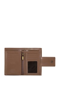 Brown leather wallet with multiple card slots, a zippered compartment, and a transparent ID pocket. Features a snap closure on the side.