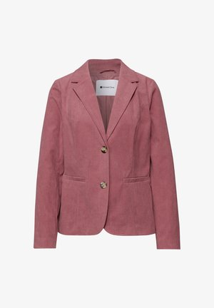 Różowy marynarka damska z sztruksu w kolorze pyłowego różu, z klapami z wycięciem, dwoma przednimi guzikami i dwoma kieszeniami z patką, z logo Street One na wewnętrznym kołnierzu.