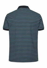 Poloko s námořními a světle modrými vodorovnými pruhy, krátkými rukávy a žebrovaným límcem a manžetami. Hladká textura.