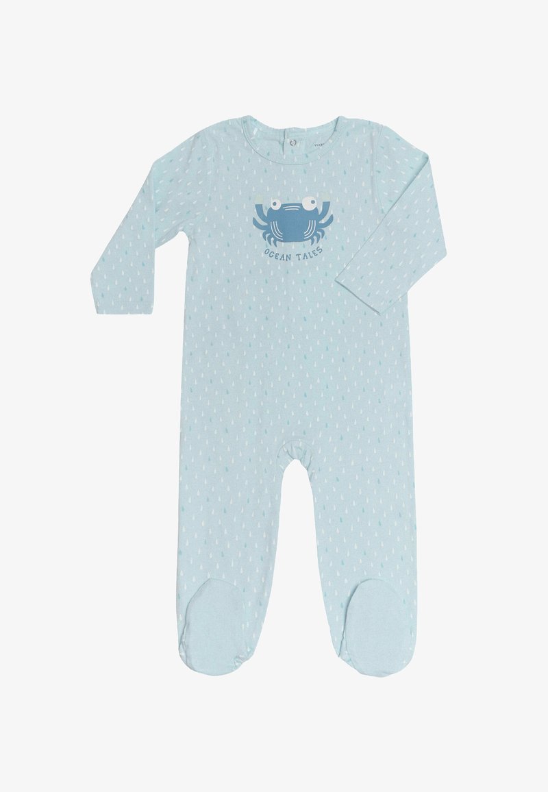 Pijama azul claro hecho de suave algodón. Presenta un gráfico de cangrejo y un patrón de gotas de lluvia. Con mangas largas y diseño con pies. Cierre a presión en el cuello.