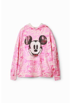 Pink hættetrøje med et stort smilende Mickey Mouse ansigt og tegneserie-stil Mickey Mouse tekst og illustrationer.