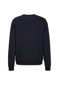 Marineblauwe sweatshirt met ronde hals, gemaakt van zachte stof, met lange mouwen en geribbelde manchetten. Minimalistisch ontwerp zonder zichtbare logo's of patronen.