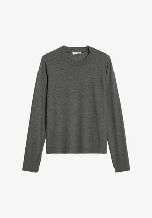 Grauer Pullover mit langen Ärmeln und rundem Halsausschnitt, aus einem weichen Material gefertigt. Verfügt über einen lockeren Schnitt und seitliche Schlitze am Saum.