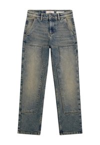 Jeans in denim di colore blu chiaro sbiadito, design a gamba dritta e dettagli in tessuto sui fianchi, con tasche frontali standard e chiusura con bottone.