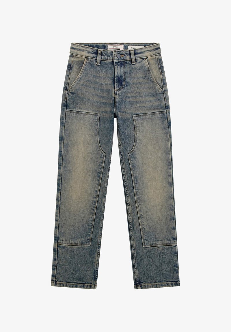 Jeans i denim med en blekt ljusblå färg, rak bendesign och lappar på låren, med standard framfickor och knäppning.