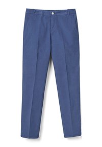 Bomullsbyxor i mörkblått, med en elegant design, raka ben, framfickor och en enda framknäppning.