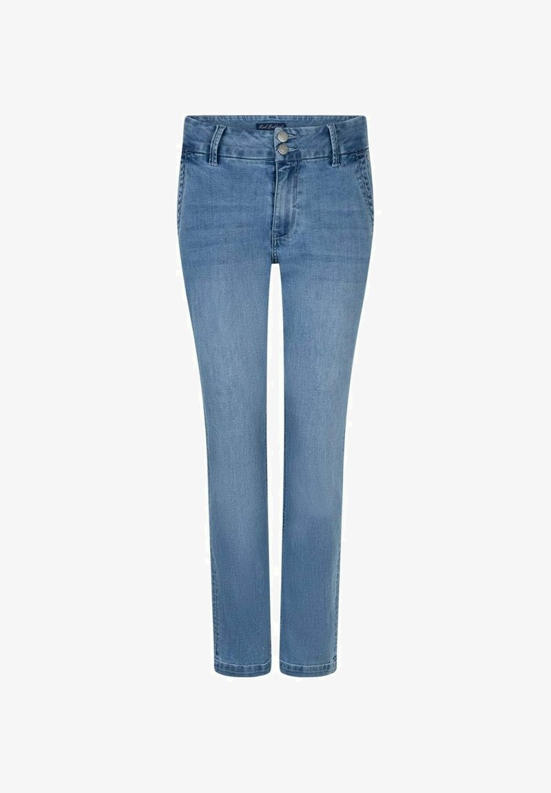 Blauwe dames slim-fit jeans met dubbele knoopsluiting, voorzakken en riemlussen, weergegeven tegen een witte achtergrond.