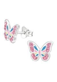 Zilveren oorbellen in de vorm van een vlinder met roze kristallen en accenten van blauwe, roze en gele emaille, gemarkeerd met 925 sterling zilver.