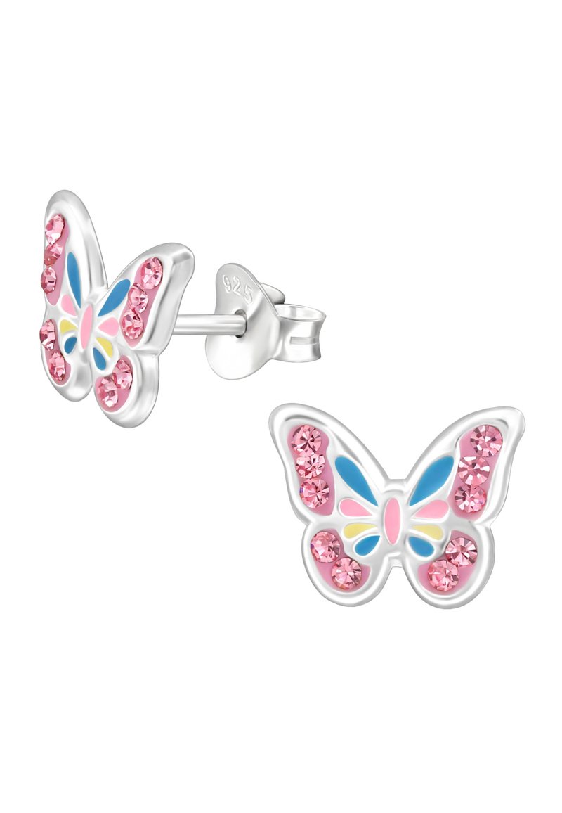 Zilveren oorbellen in de vorm van een vlinder met roze kristallen en accenten van blauwe, roze en gele emaille, gemarkeerd met 925 sterling zilver.