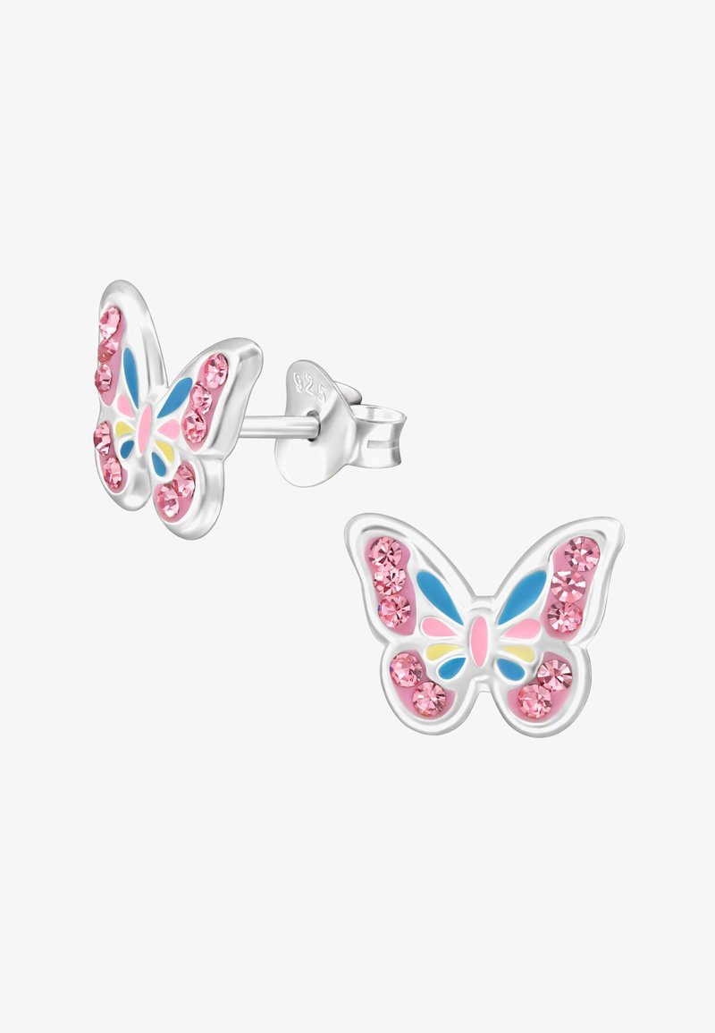Zilveren oorbellen in de vorm van een vlinder met roze kristallen en accenten van blauwe, roze en gele emaille, gemarkeerd met 925 sterling zilver.