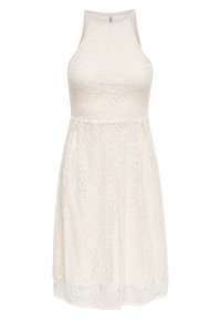 Kreeminsä lahus, ilma varrukat ja kõrge kaelus, voolav seelik, lilleline muster ning läbipaistvad kangakatte aktsendid õlgadel.