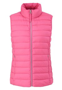 Roze puffy vest met hoge kraag, ritssluiting aan de voorkant en horizontaal doorgestikte design, voorzien van zijzakken en een gladde textuur.