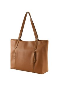 Braune Leder-Tote-Tasche mit strukturierter Oberfläche, zwei robusten Griffen und einer Reißverschluss-Tasche an der Seite für zusätzlichen Stauraum.