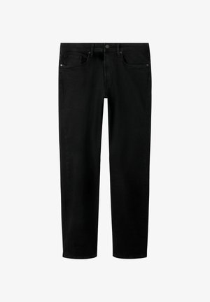 Zwarte denim broek met een rechte snit. Heeft vijf zakken, een knoopsluiting en minimale stikseldetails. Soepele textuur.