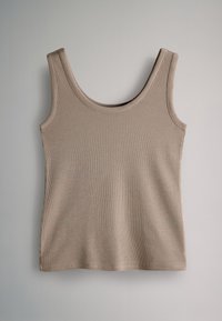 Beiges geripptes Tanktop mit Rundhalsausschnitt und breiten Trägern, aus weichem Stoff, mit einer figurbetonten und schlanken Silhouette.