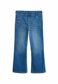 Pantalons en denim bleu à jambes larges avec une taille élastique, dotés de coutures standard et sans embellissements ni motifs visibles.