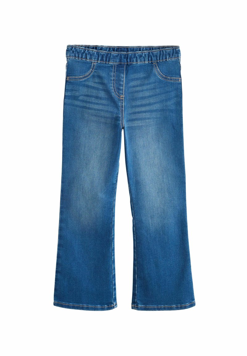 Pantalons en denim bleu à jambes larges avec une taille élastique, dotés de coutures standard et sans embellissements ni motifs visibles.