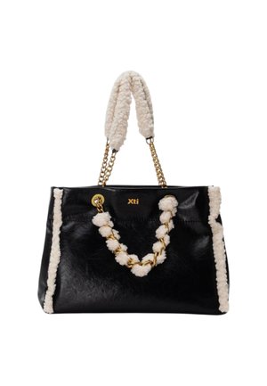 Borsa in finta pelle nera con accenti in peluche crema. Presenta una maniglia a catena testurizzata e hardware dorato. Logo visibile sul davanti.