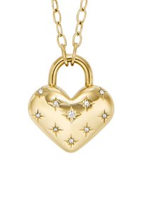 Ciondolo a forma di cuore in oro, con chiusura a lucchetto e diamanti, caratterizzato da una superficie lucida e una catena ad anello per appenderlo.