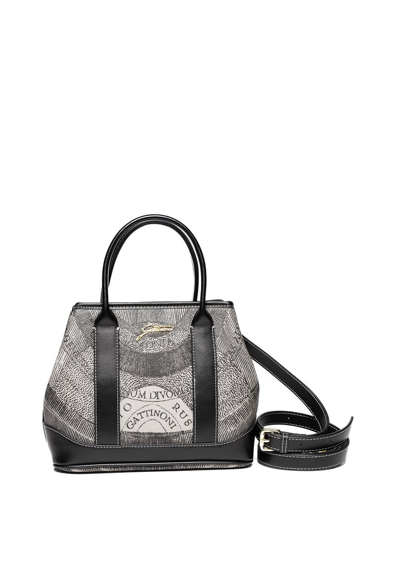 Piccola borsa strutturata con manici neri, bordo nero, tessuto grigio con motivo e una tracolla nera removibile con fibbia dorata.