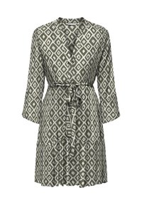 Groen gestippelde kimono-stijl rok met een ruitpatroon, korte mouwen en een strikceintuur, gemaakt van lichtgewicht stof.