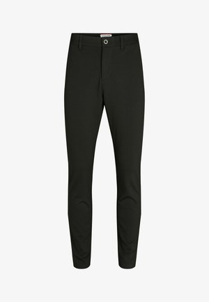 Schwarze stretchige Stoffhosen im Slim-Fit, mit einem vorderen Knopf- und Reißverschluss, Gürtelschlaufen und glattem Material.