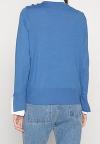 Blå stickad tröja med långa ärmar, ribbad nederkant och sidoklyftor. Bärs över ljusa jeans, vilket visar en avslappnad passform och mjuk textur.