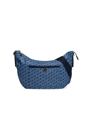 Borsa a tracolla blu con motivo circolare su tutta la superficie, tasca frontale con zip, dettaglio con bottone dorato e tracolla nera larga e regolabile.