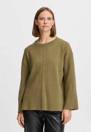 Olivgrüner, langärmeliges Sweatshirt mit Rundhalsausschnitt und überschnittenen Schultern; aus weichem, strukturiertem Strickstoff mit vertikalen Nahtdetails.