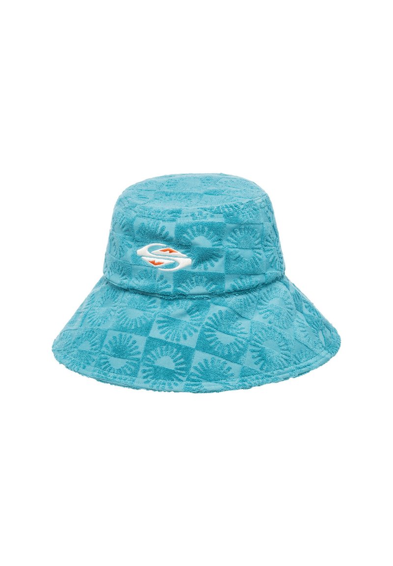 Türkise ämpari müts tekstureeritud lillemustriga, millel on ees brodeeritud logo ja lai äär päikesekaitseks.